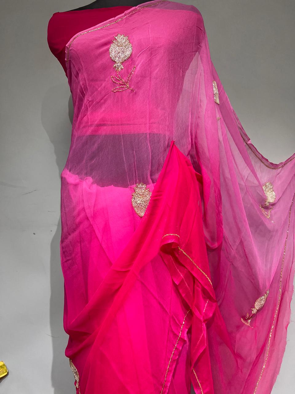 Pure Jaipuri Chiffon 13 big motif work Saree with  blouse
