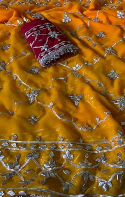 Pure Diamond Chiffon Gota Patti  Work Saree With Blouse