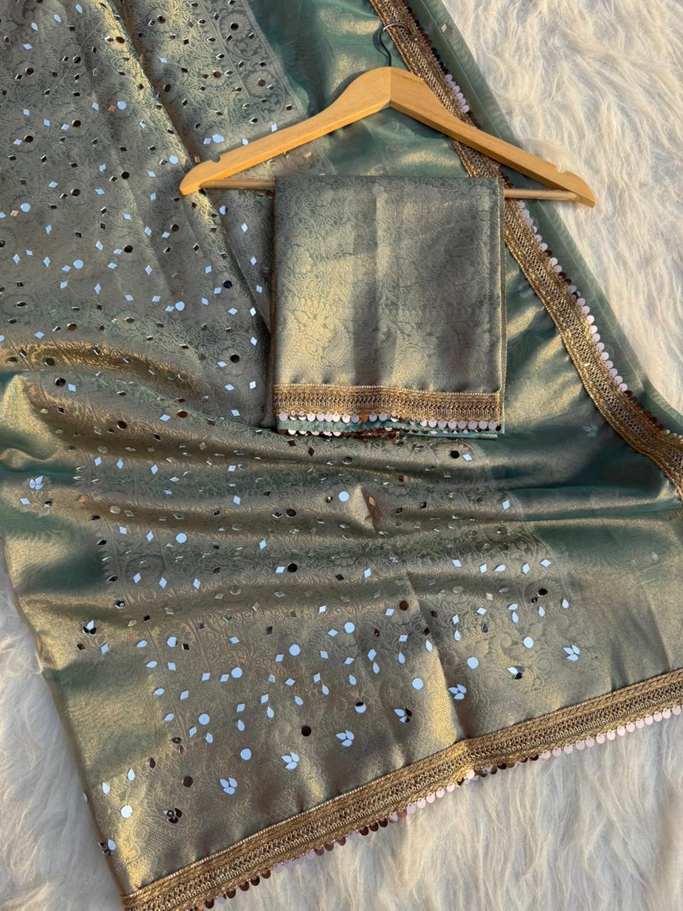 Elegant Tissue Mirror Work Saree with Designer Lace Border
