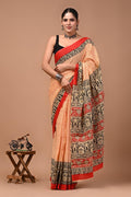Pure Mulmul Cotton hand block Print Saree with Blouse