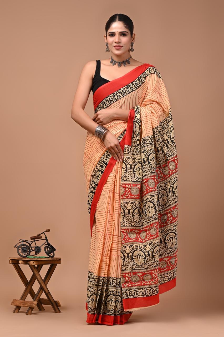 Pure Mulmul Cotton hand block Print Saree with Blouse