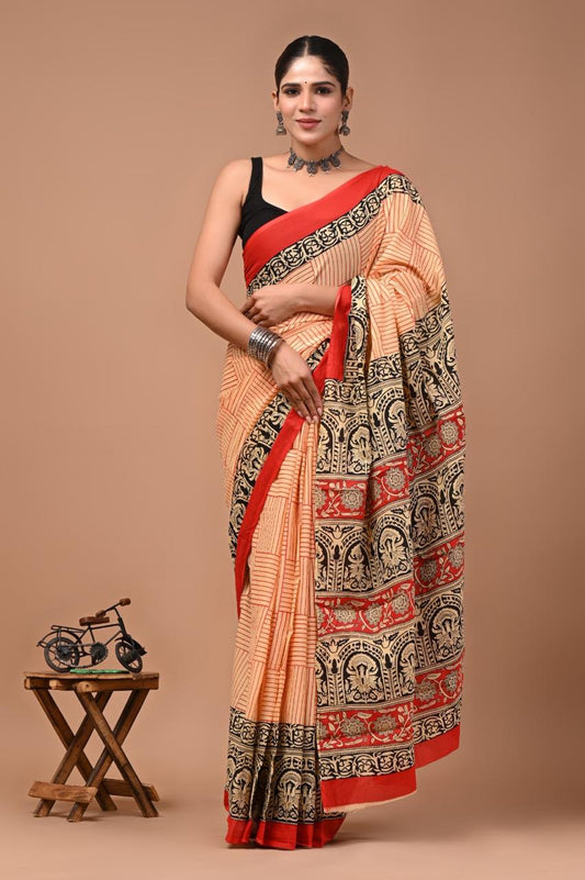 Pure Mulmul Cotton hand block Print Saree with Blouse