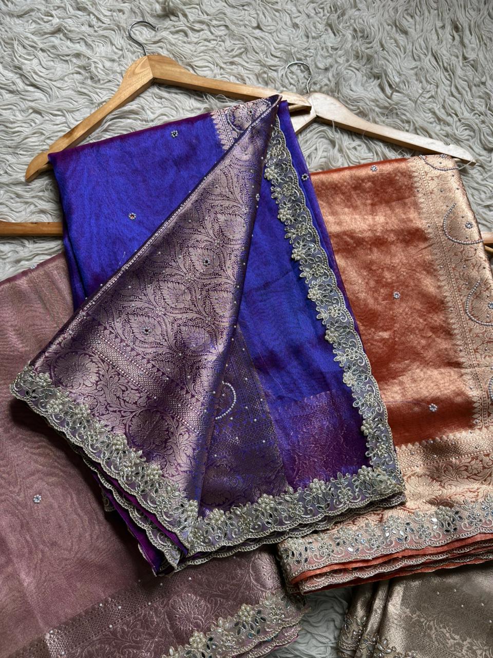 Banarasi Tissue Silk Saree With beautiful borders with beads work