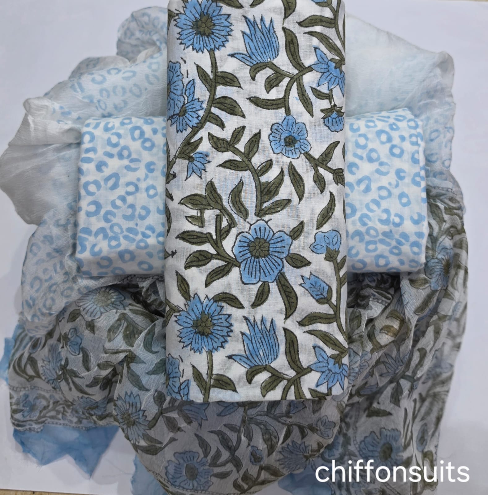 Pure cotton hand-block print suit with Chiffon dupatta