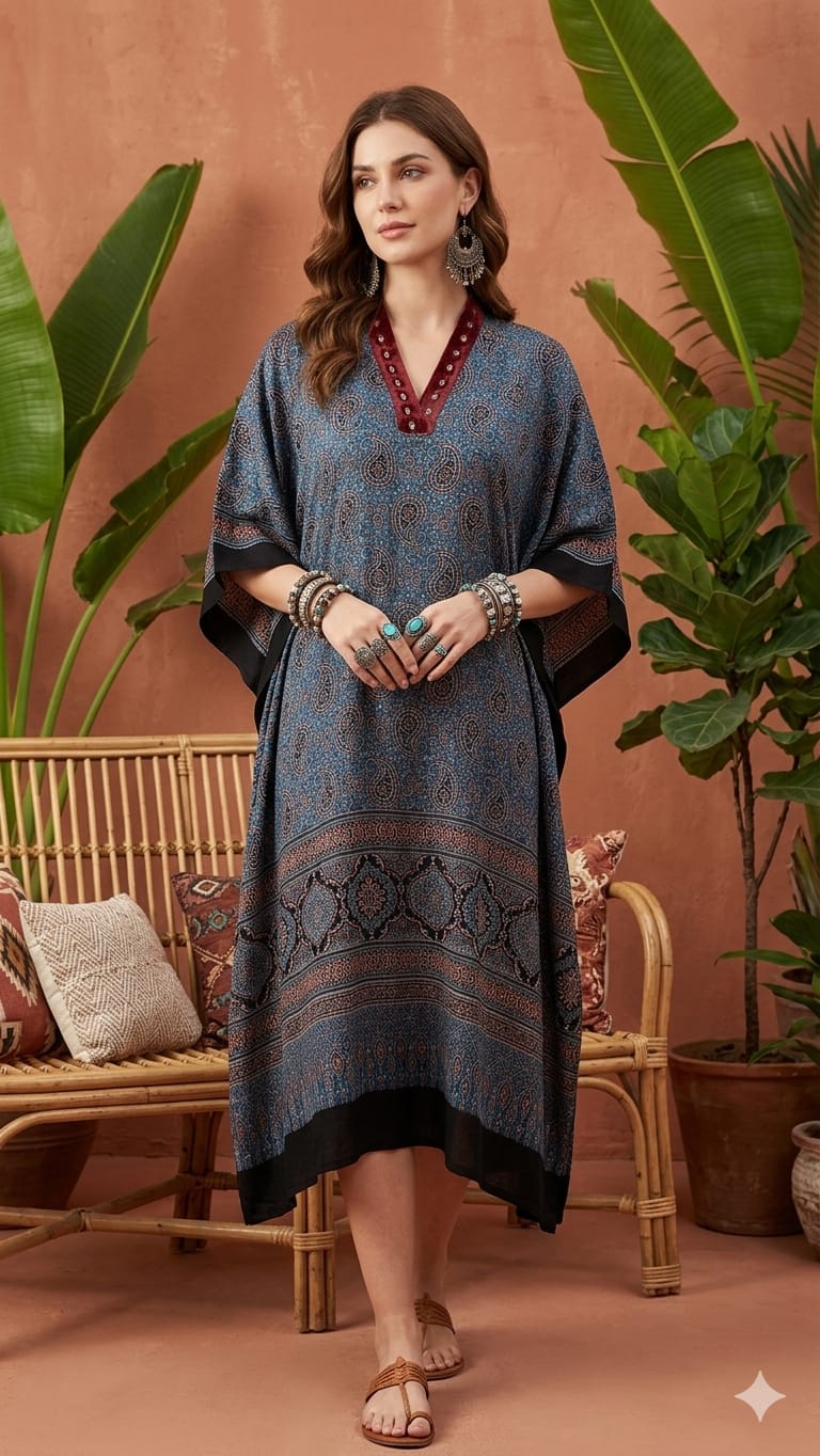 Pure Modal Silk Hand block Printed Kaftans Stitched suit With Hand Mirror Work