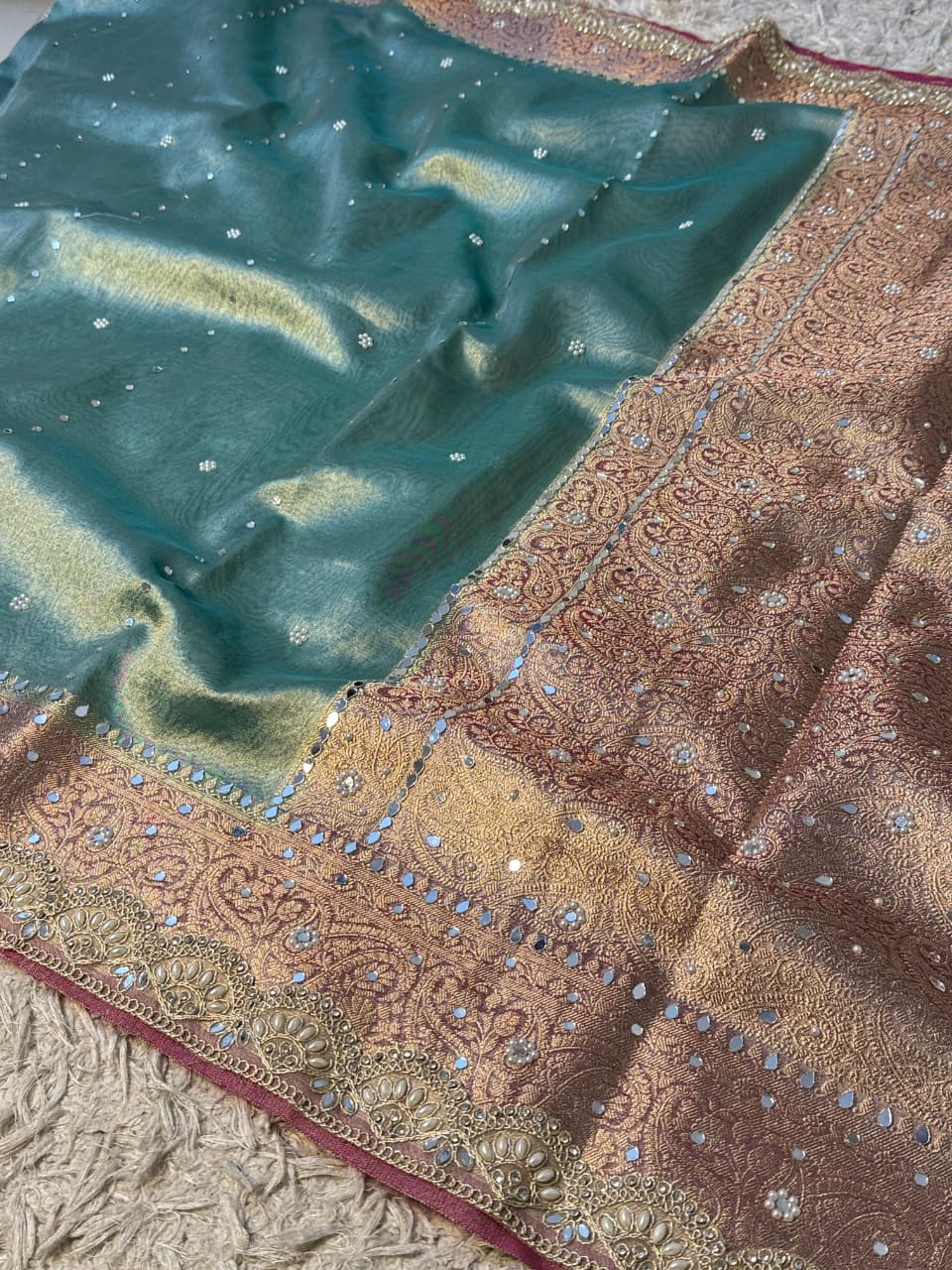 Elegant Tissue Mirror Work Saree with Designer Lace Border