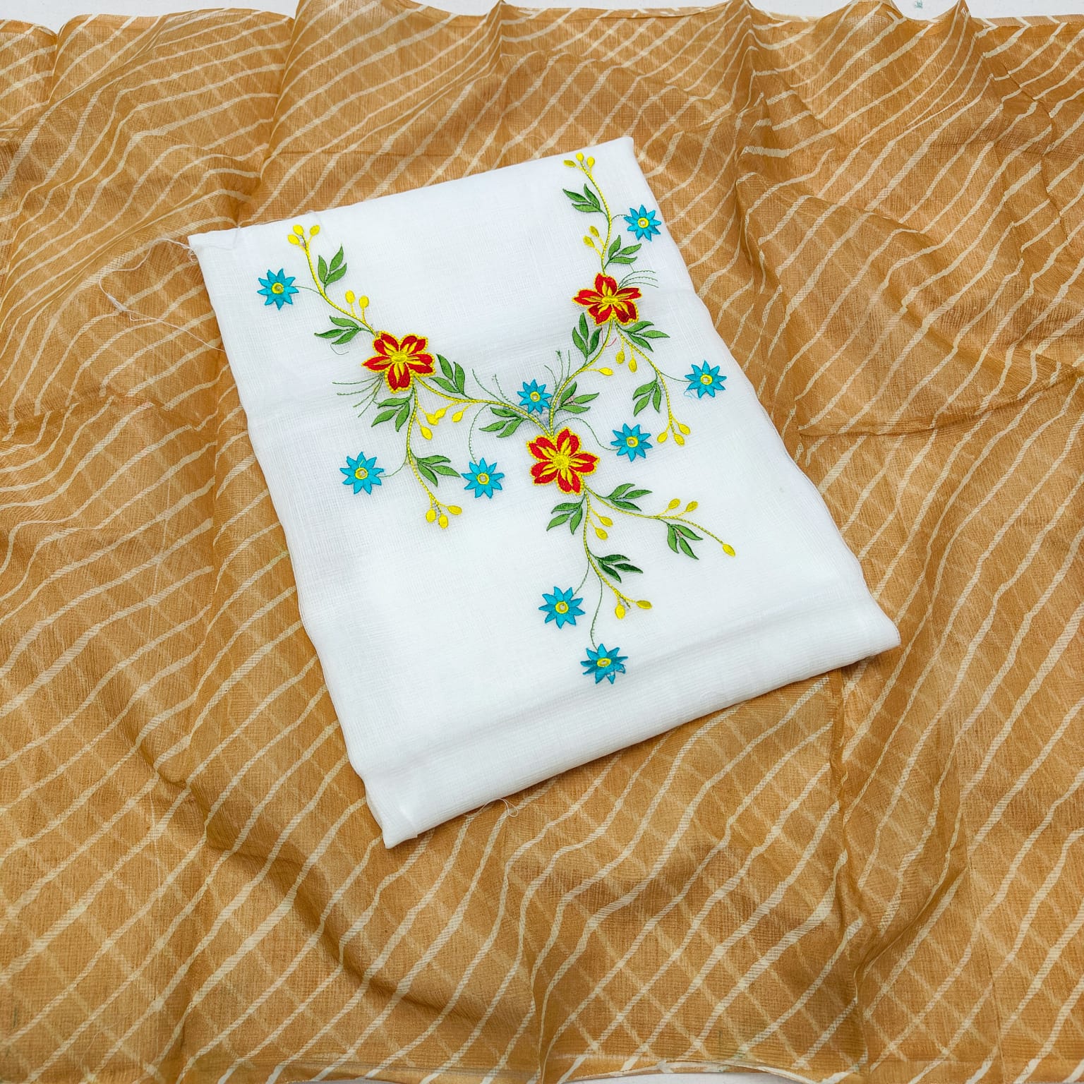 Pure Kota-Doria Unstitched Suit with Embroidery Work