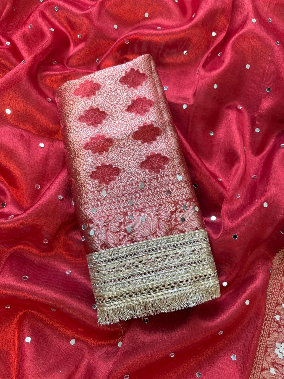 Banarasi Tissue Silk Saree With beautiful  borders with mirror  work