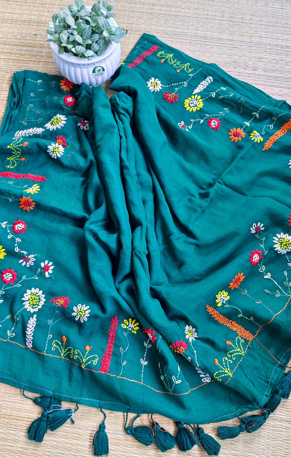 Beautiful Hand Stitch Pure Mul Cotton Saree Without blouse