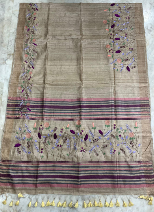 Pure Desi Tussar By Tussar Silk Embroidery Work Saree With Running Blouse