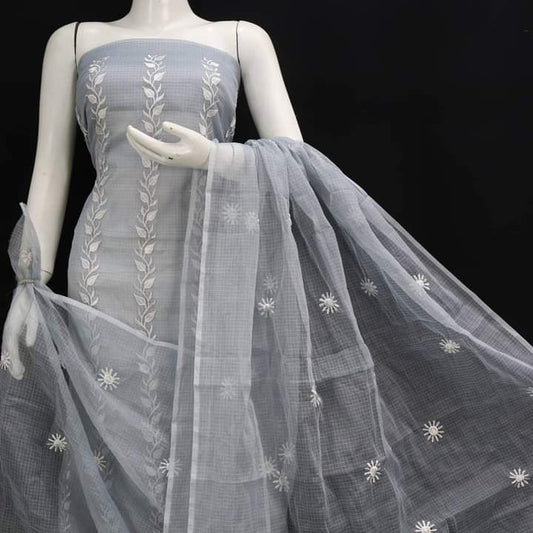 Pure Kota-Doria Unstitched Suit with Embroidery Work