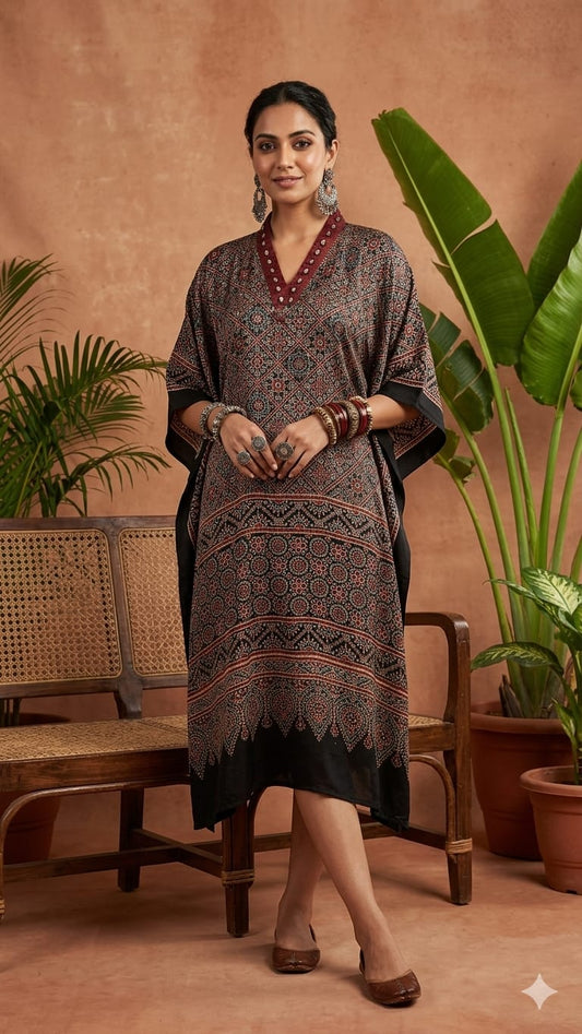 Pure Modal Silk Hand block Printed Kaftans Stitched suit With Hand Mirror Work