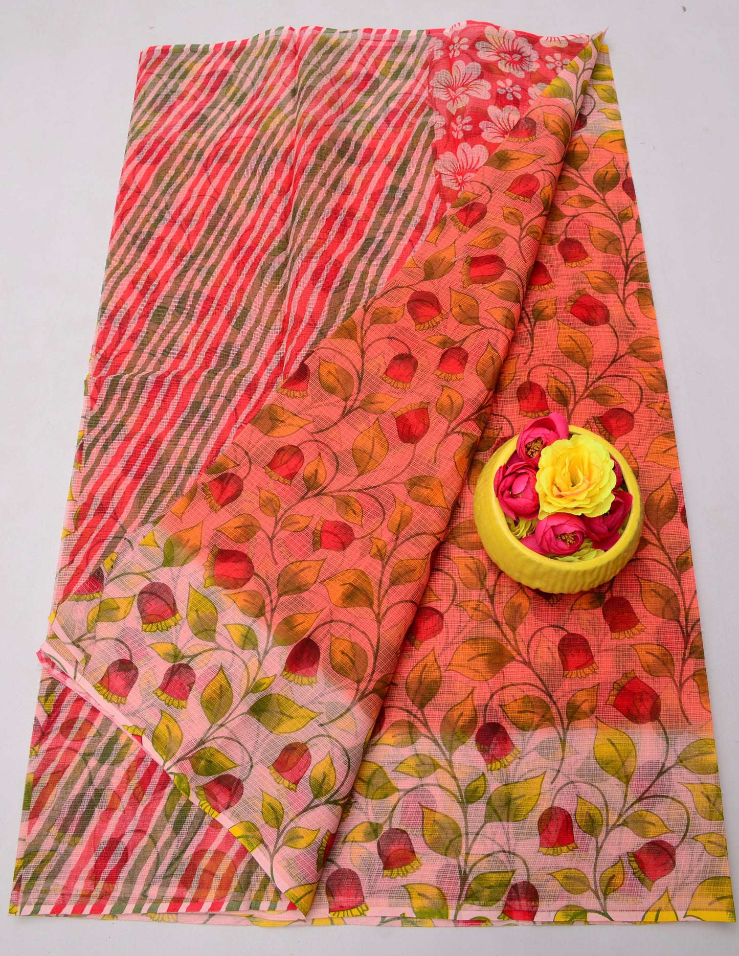 Pure Cotton Kota Doria Kalam Kari Floral Print Saree