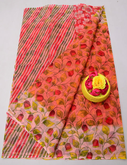 Pure Cotton Kota Doria Kalam Kari Floral Print Saree