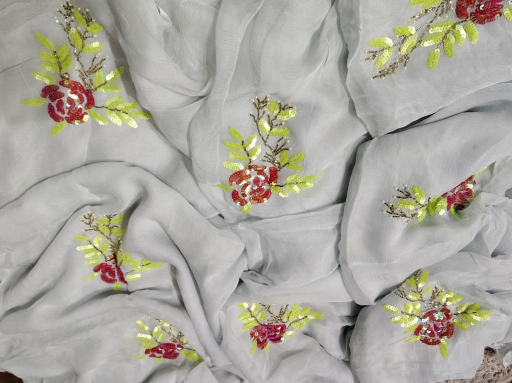 Grey Color Flower motif design pure jaipuri Chiffon Saree