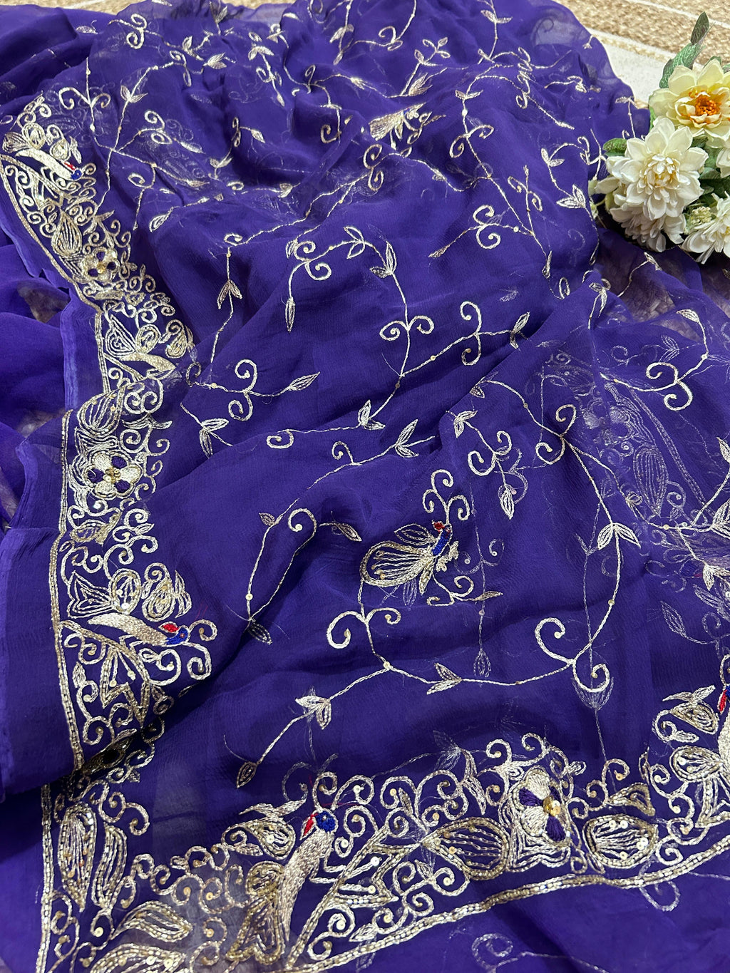 Pure Jaipuri Chiffon Jaal Work Saree With Beautiful Rajputi look and Blouse