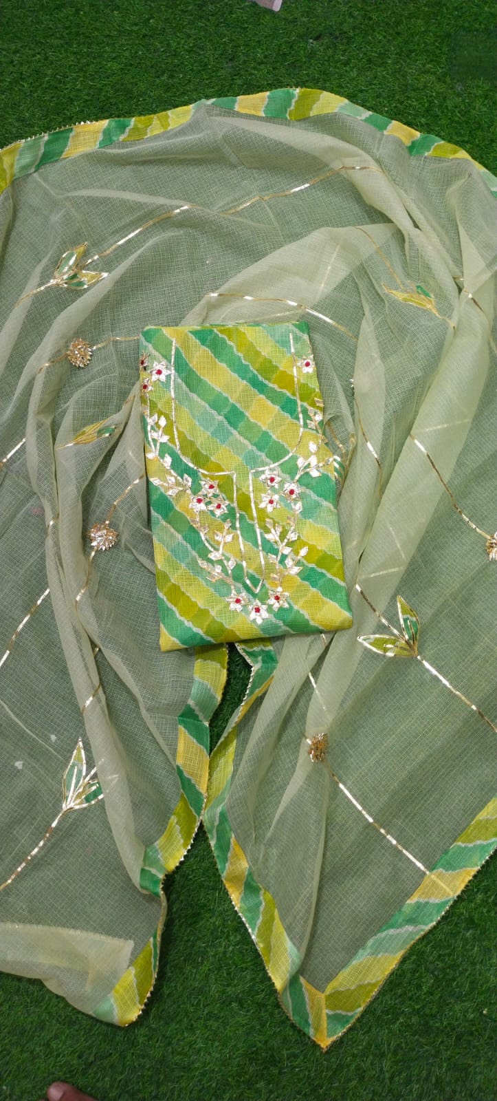 Premium Kota Doria Cotton 3 Pic Unstitched Suit Material with Hand Gota Work & Dupatta