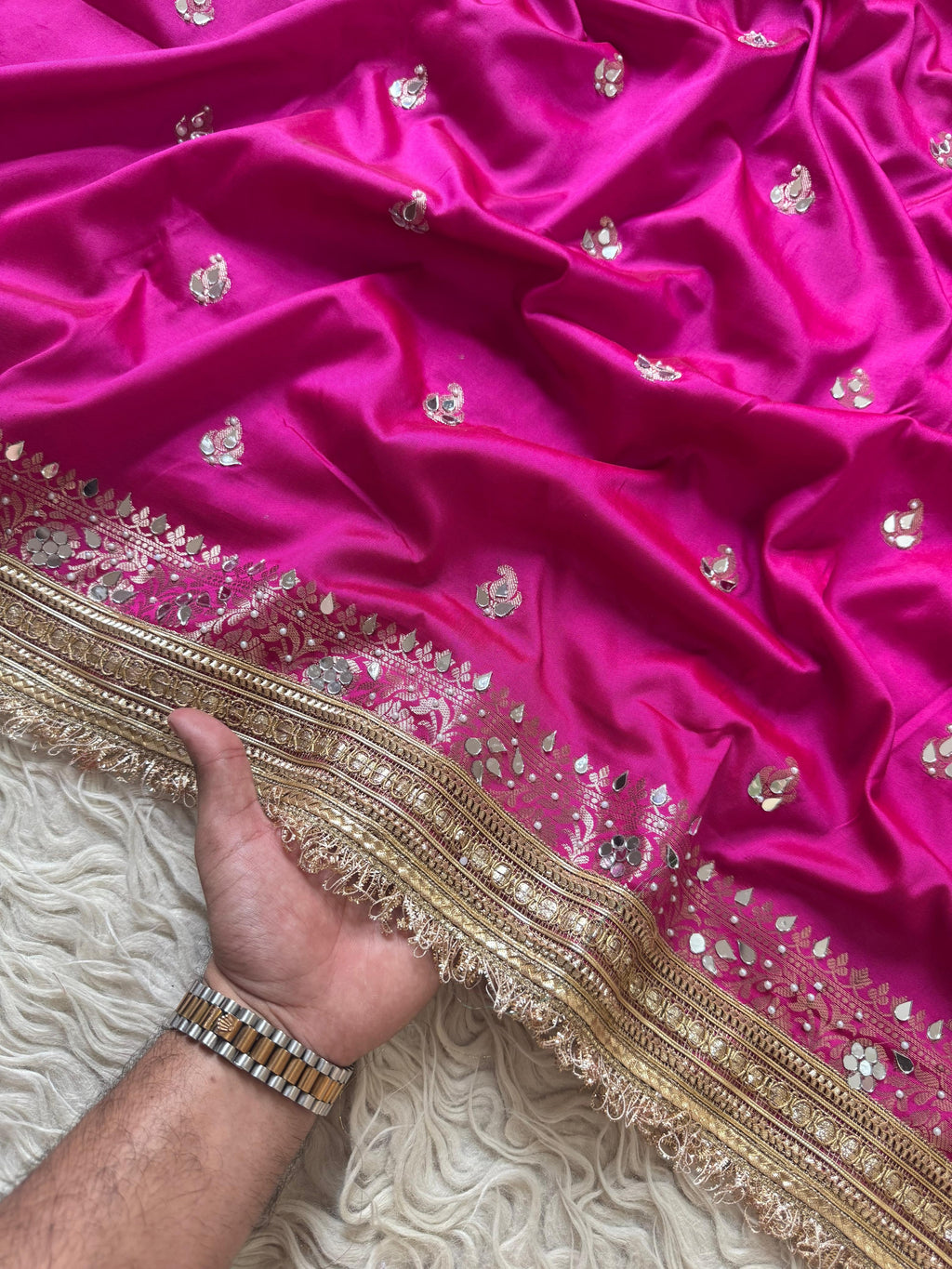 Banarasi Katan Mirror Work Saree With Beautiful Maharani Borders