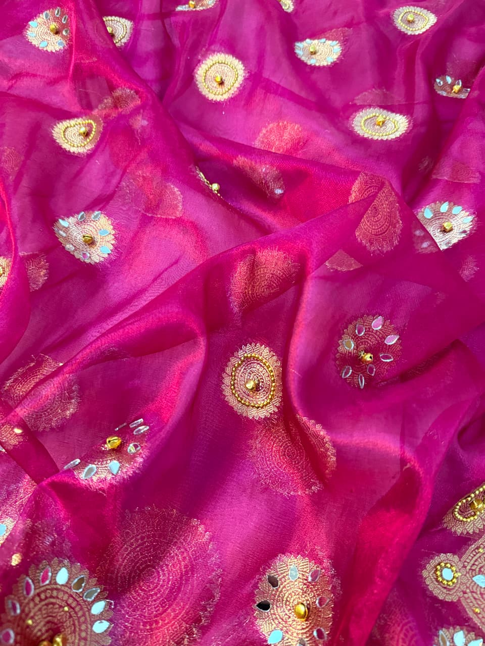 Premium Banarasi Tissue Zari Weaving Saree with Ghungroo Handwork Border