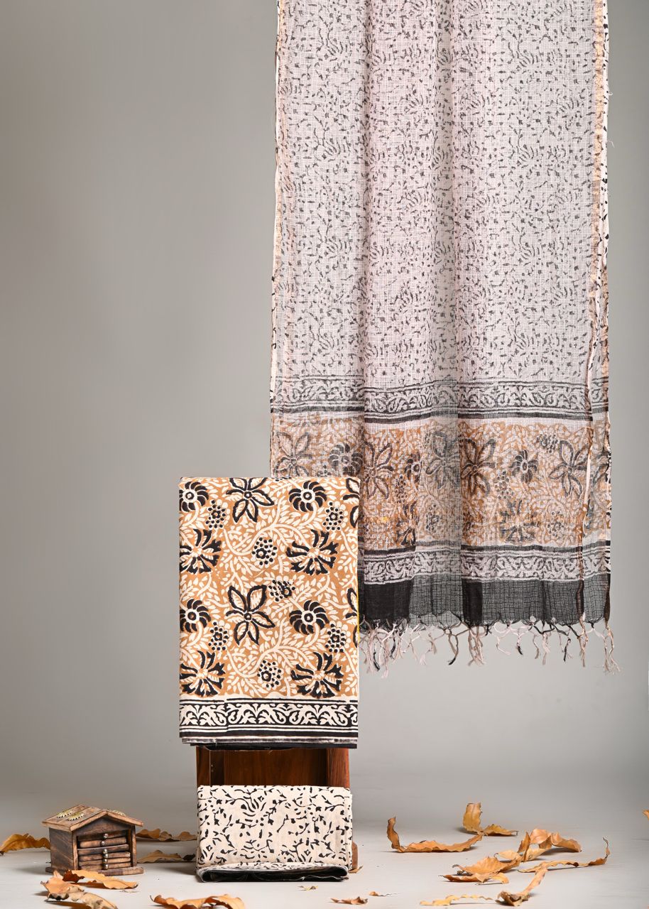 Pure Cotton Hand Block Print Suit With Kota Doriya Dupatta