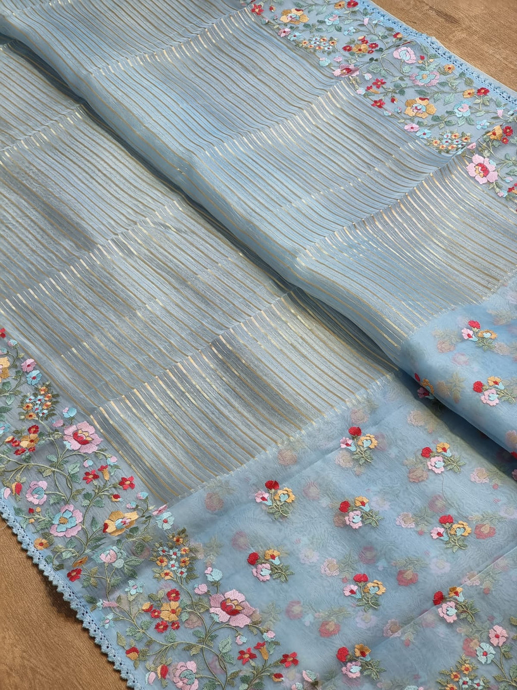 Pure Organza Silk  floral Embroidery Saree with velvet lace and heavy blouse