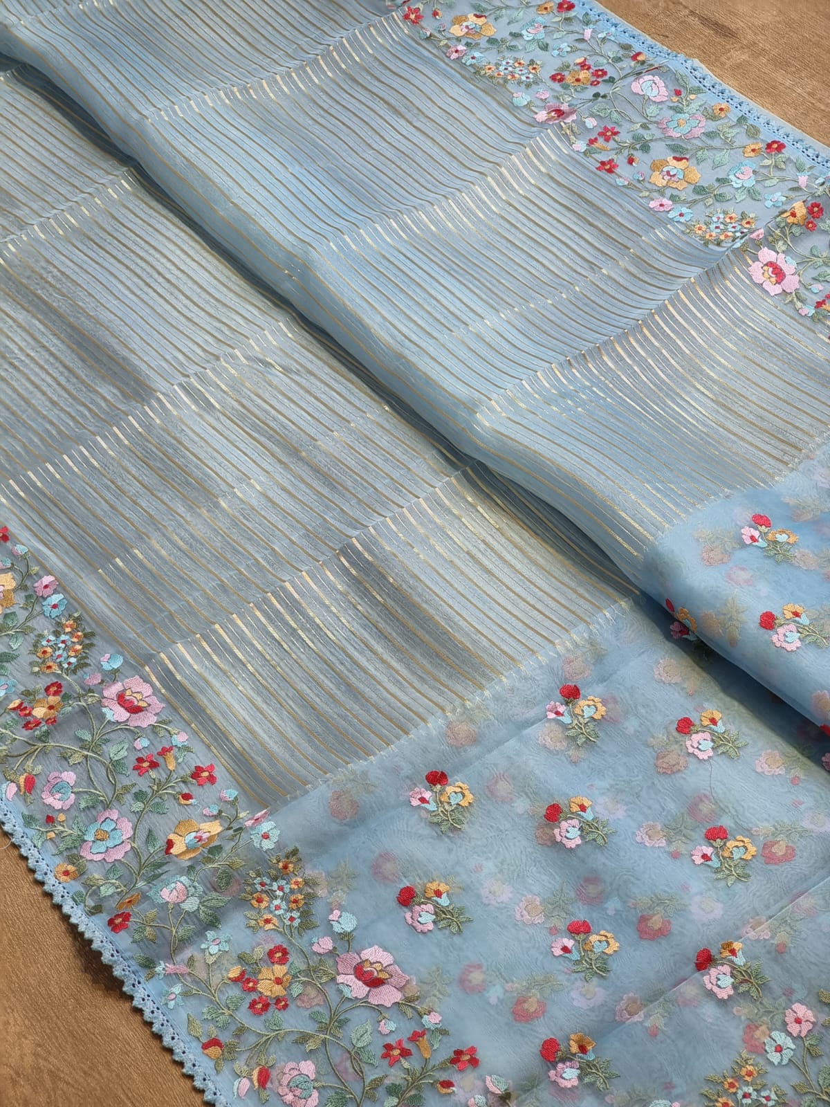 Pure Organza Silk  floral Embroidery Saree with velvet lace and heavy blouse