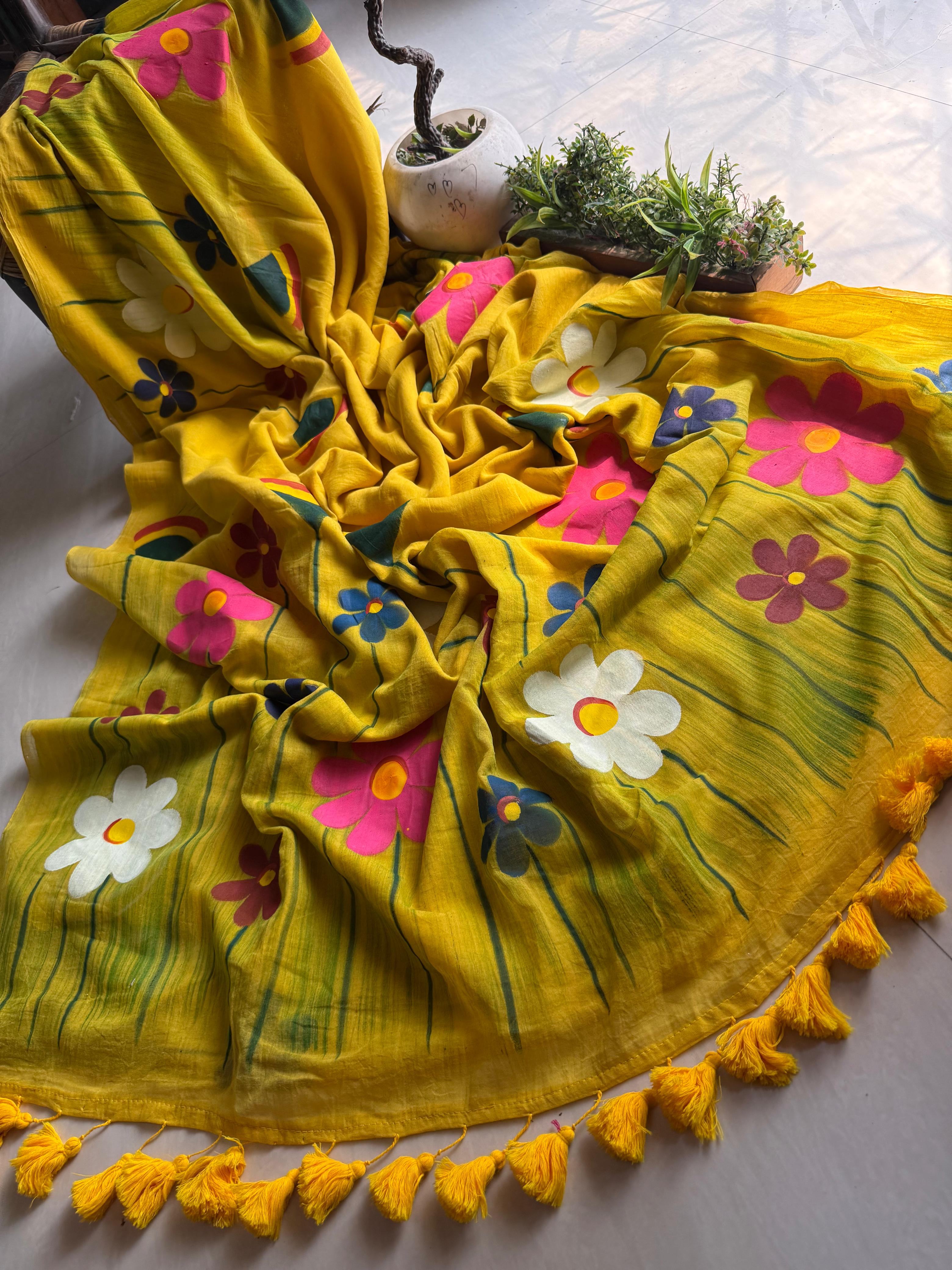 Beautiful Mulmul Cotton Flowers design Hand Painted Saree