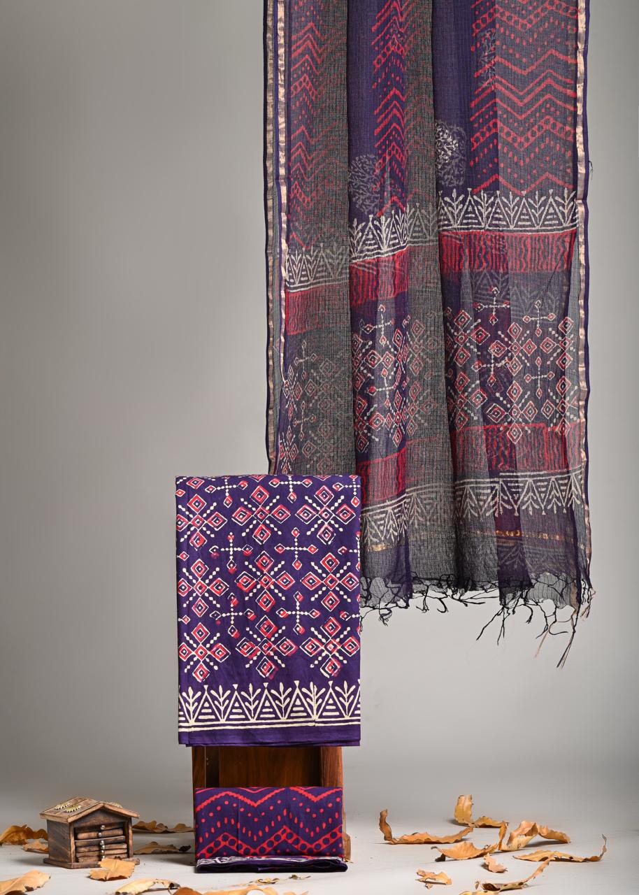 Pure Cotton Hand Block Print Suit With Kota Doriya Dupatta