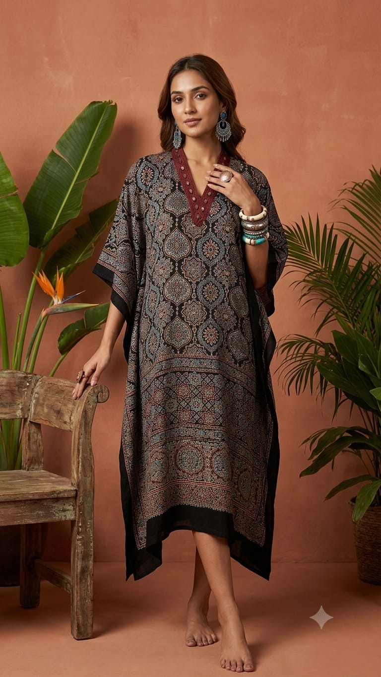 Pure Modal Silk Handblock Printed Kaftans Stitched suit With Hand Mirror Work