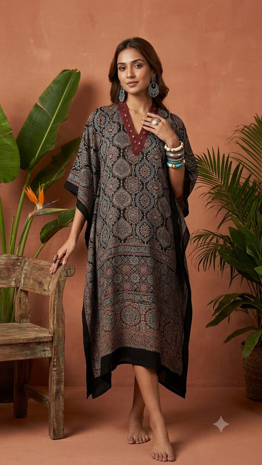 Pure Modal Silk Handblock Printed Kaftans Stitched suit With Hand Mirror Work