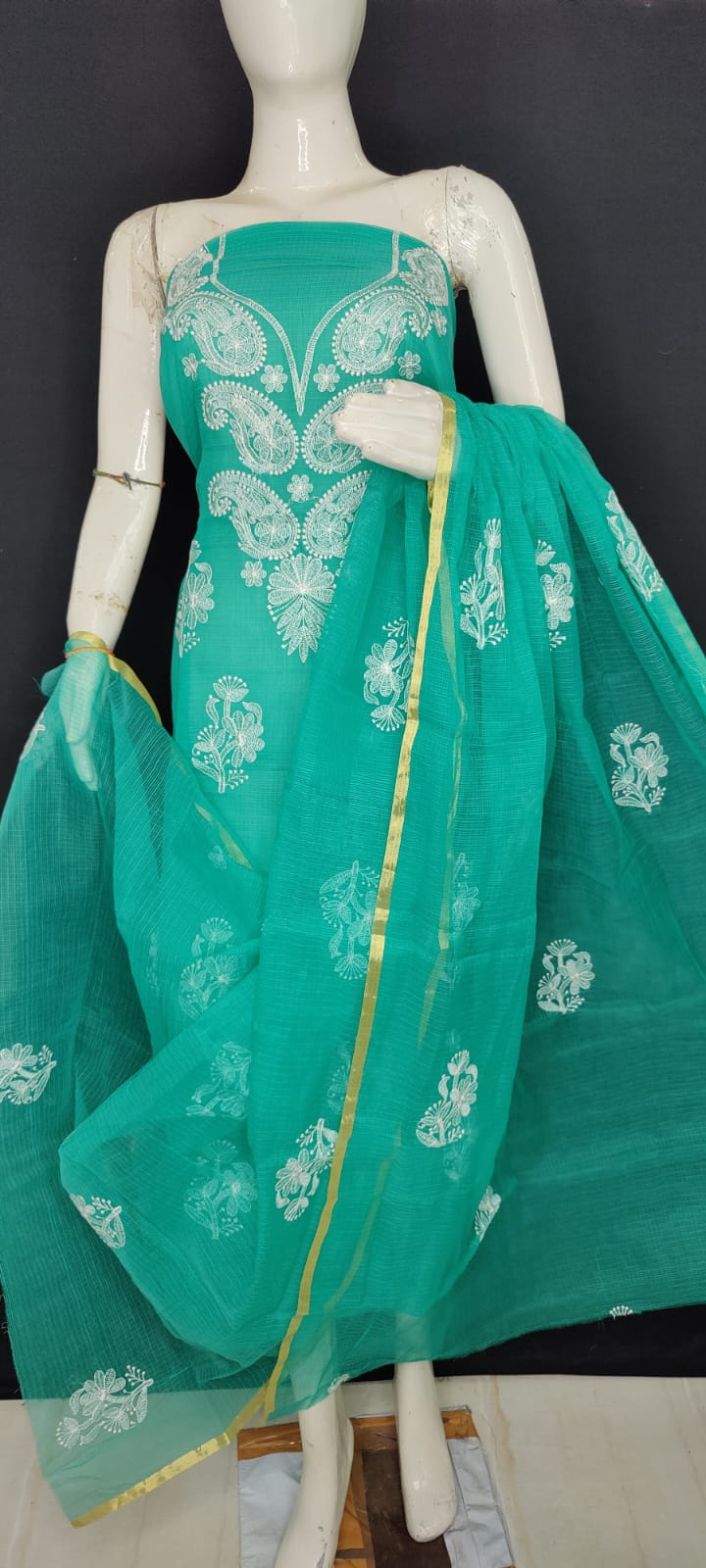 Pure Kota-Doria Unstitched Suit with Embroidery Work