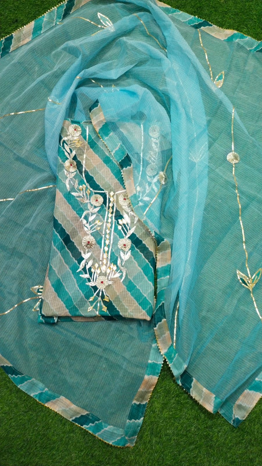 Premium Kota Doria Cotton 3 Pic Unstitched Suit Material with Hand Gota Work & Dupatta