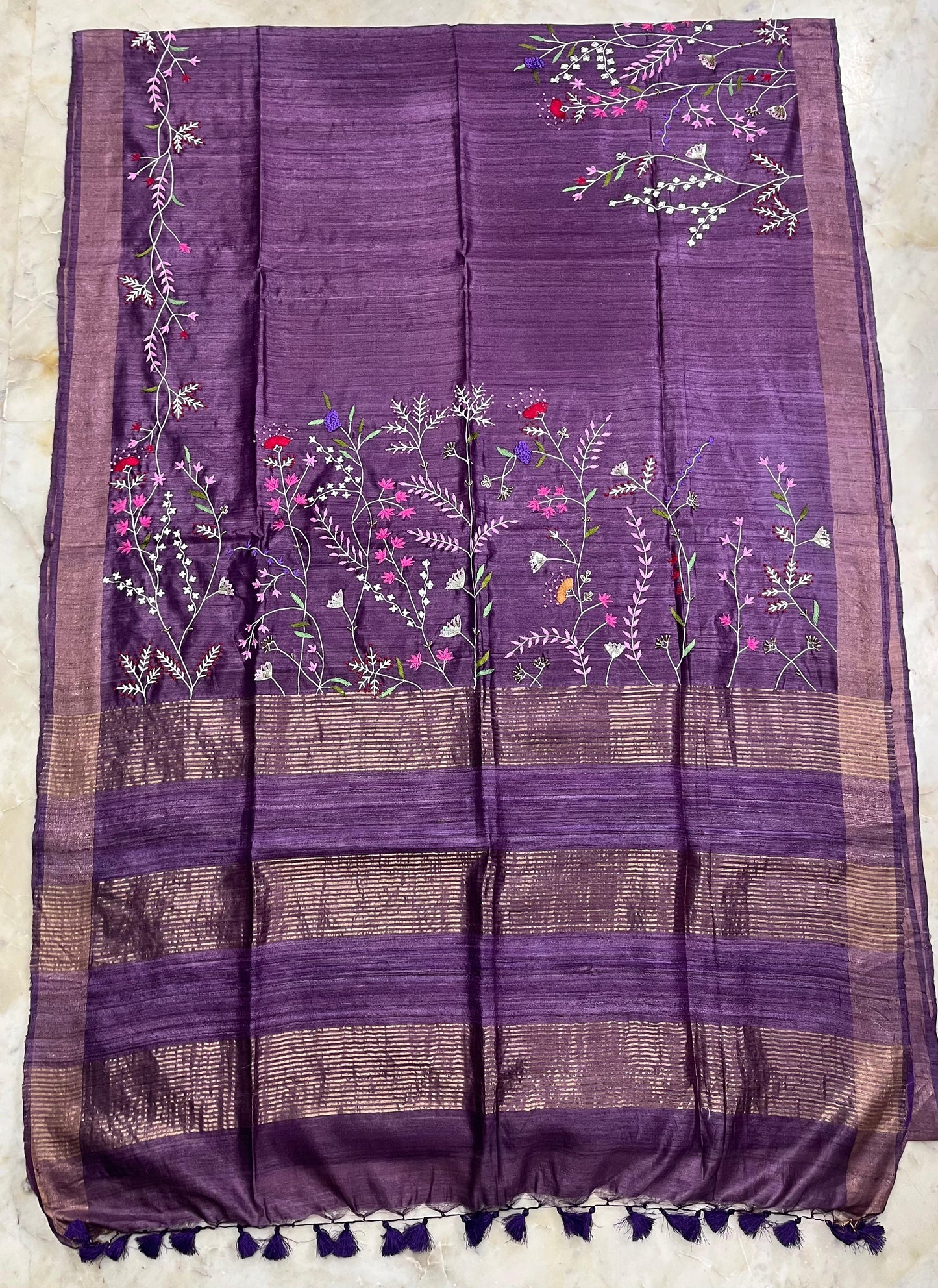 Pure Desi Tussar By Tussar Silk Embroidery Work Saree With Running Blouse