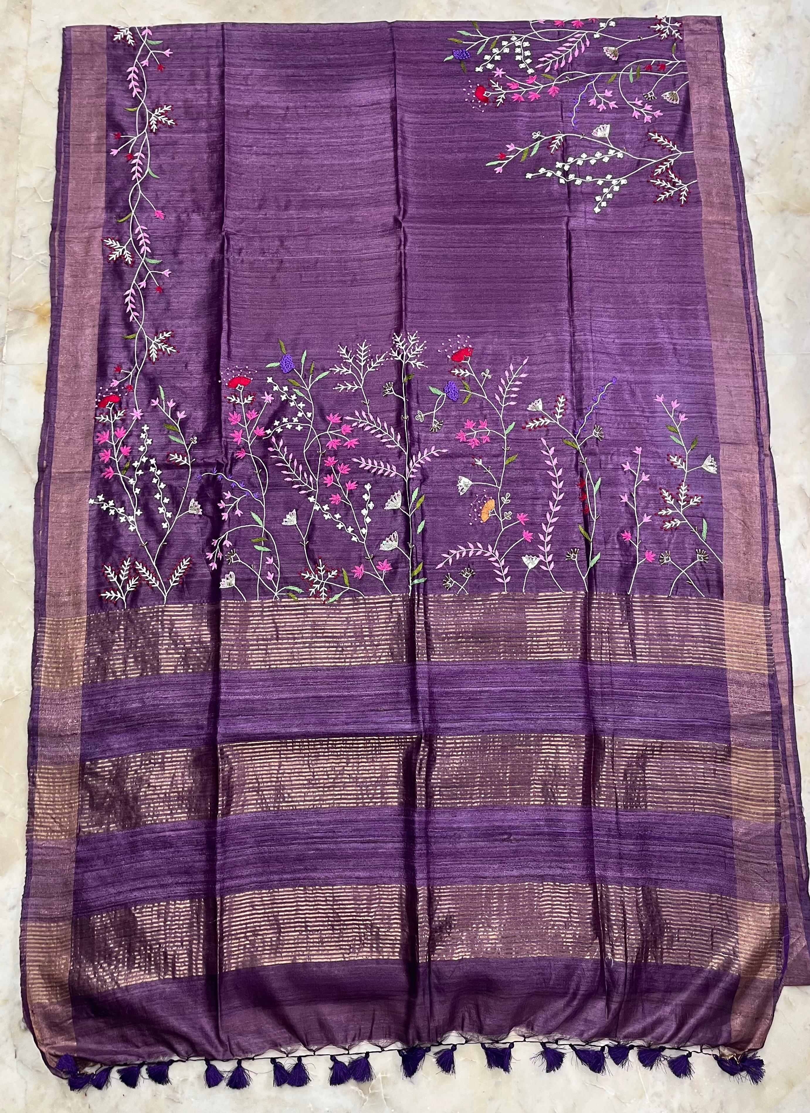 Pure Desi Tussar By Tussar Silk Embroidery Work Saree With Running Blouse