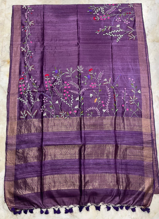 Pure Desi Tussar By Tussar Silk Embroidery Work Saree With Running Blouse