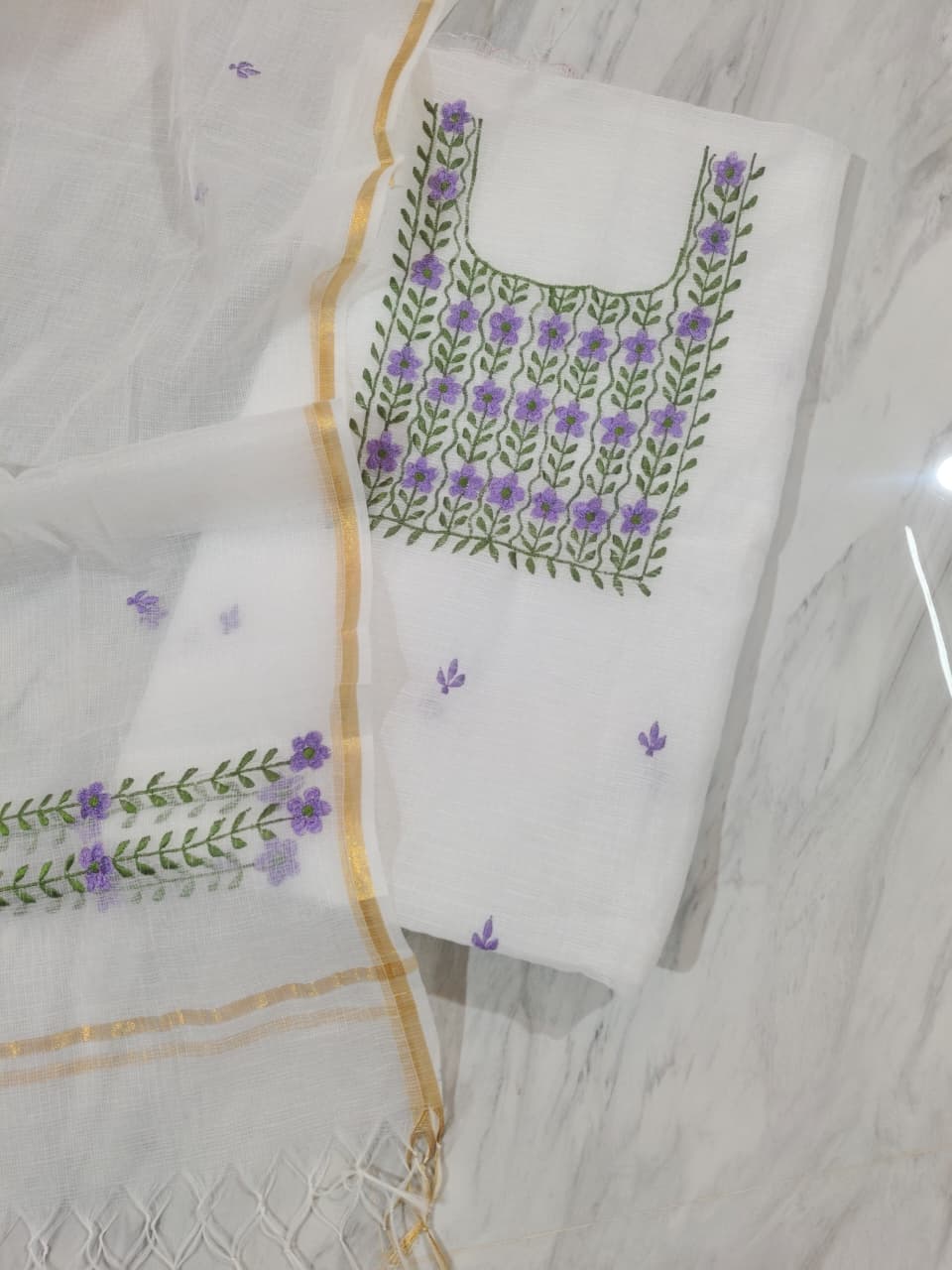 Pure Kota-Doria Unstitched Suit with Embroidery Work