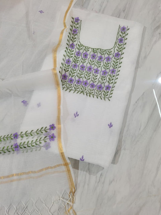 Pure Kota-Doria Unstitched Suit with Embroidery Work