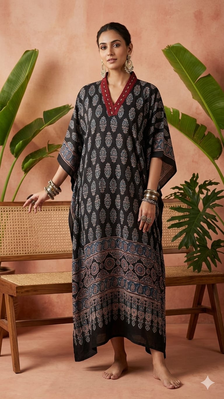 Pure Modal Silk Handblock Printed Kaftans Stitched suit With Hand Mirror Work