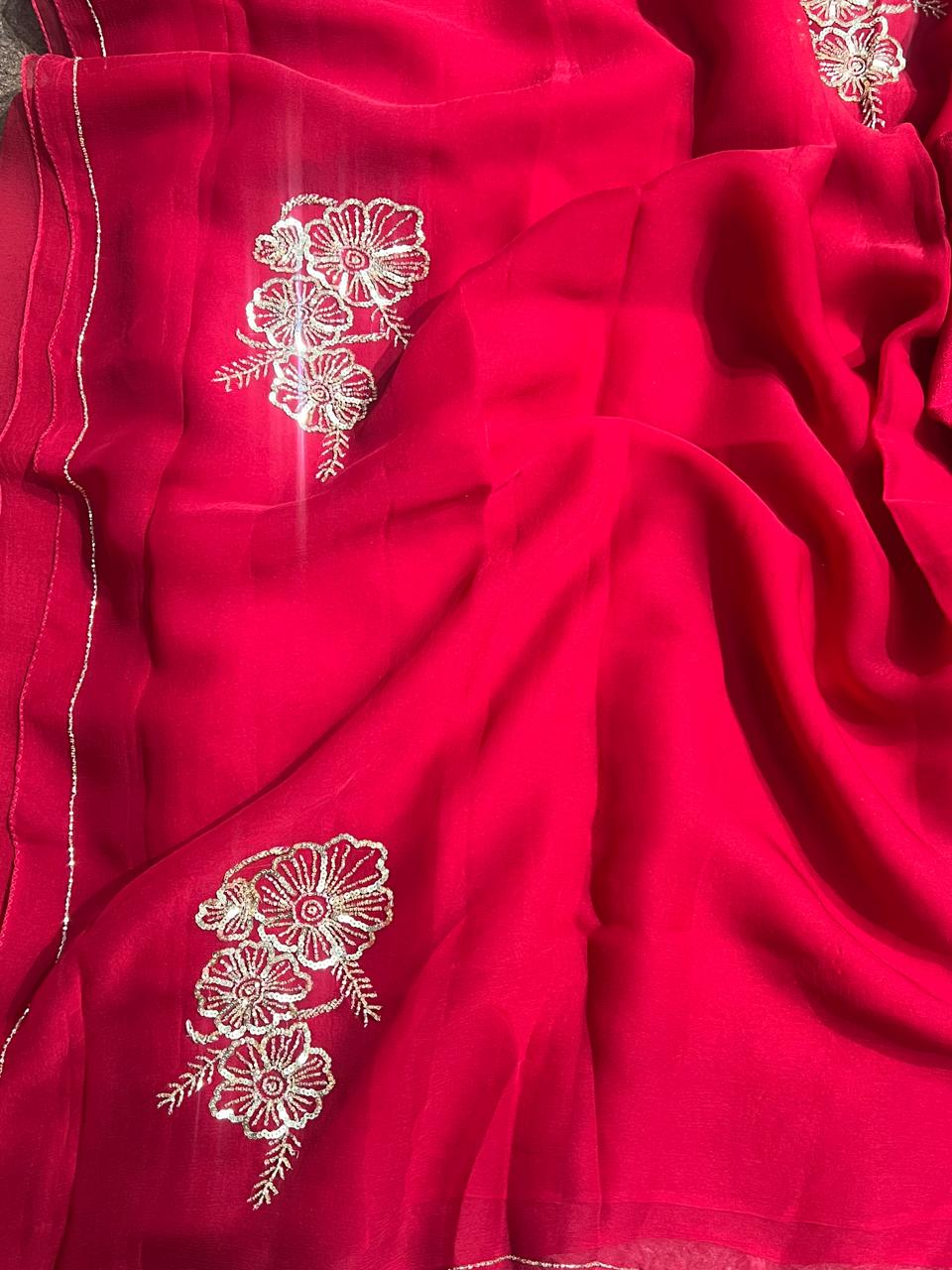 Pure Jaipuri Chiffon Hand-work motif work saree with blouse