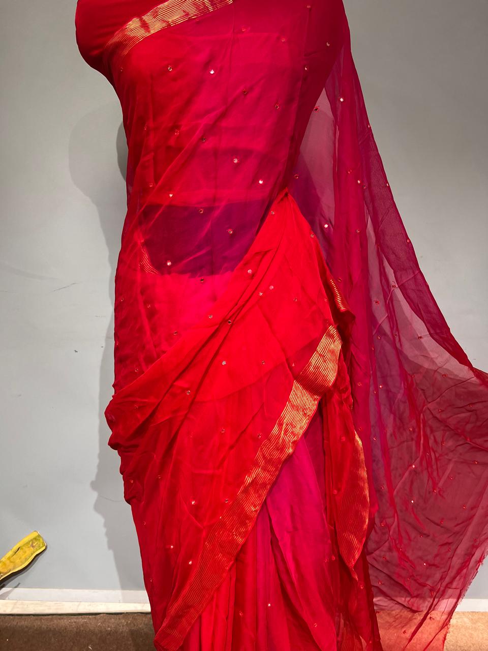 Pure Diamond Chiffon Beautiful Zari Border Work Saree With Blouse