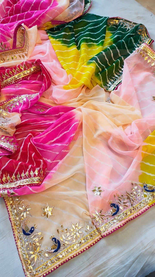 60Gm Georgette  Leheriya Gota Patti Work  Saree With Blouse