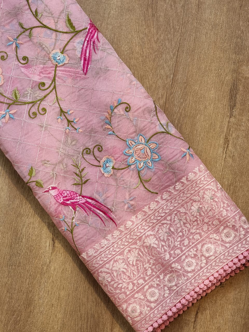 Pure Organza Silk  Parsi Embroidery Work Saree With Heavy Blouse