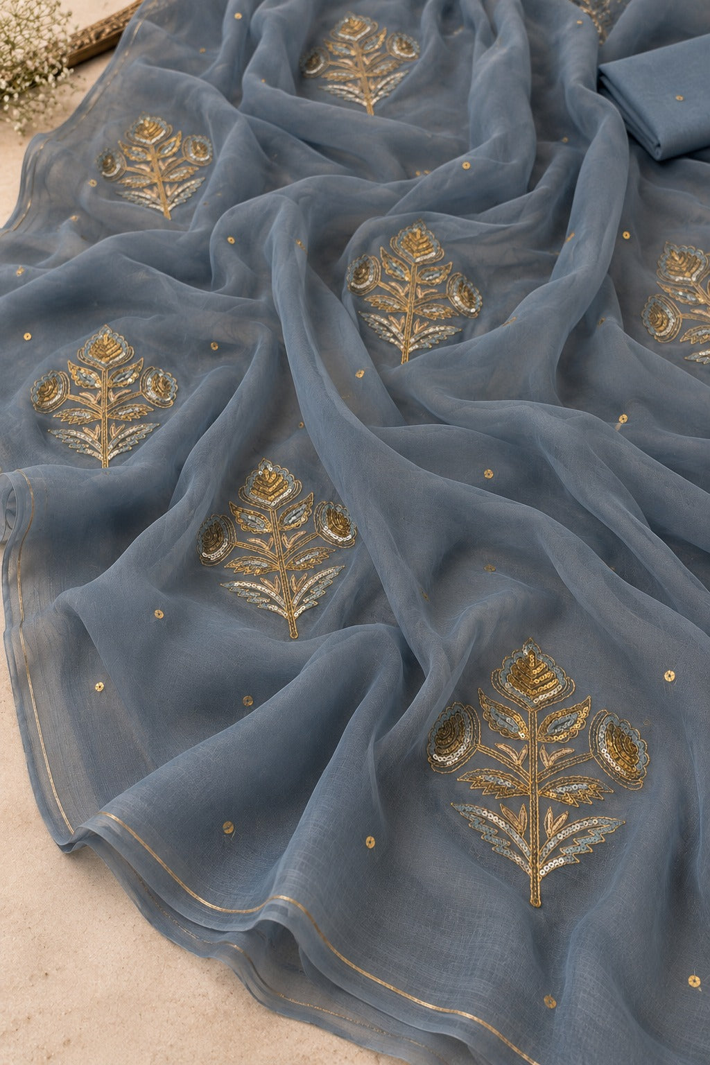 Pure Jaipuri Chiffon Hand-work motif work saree with  blouse