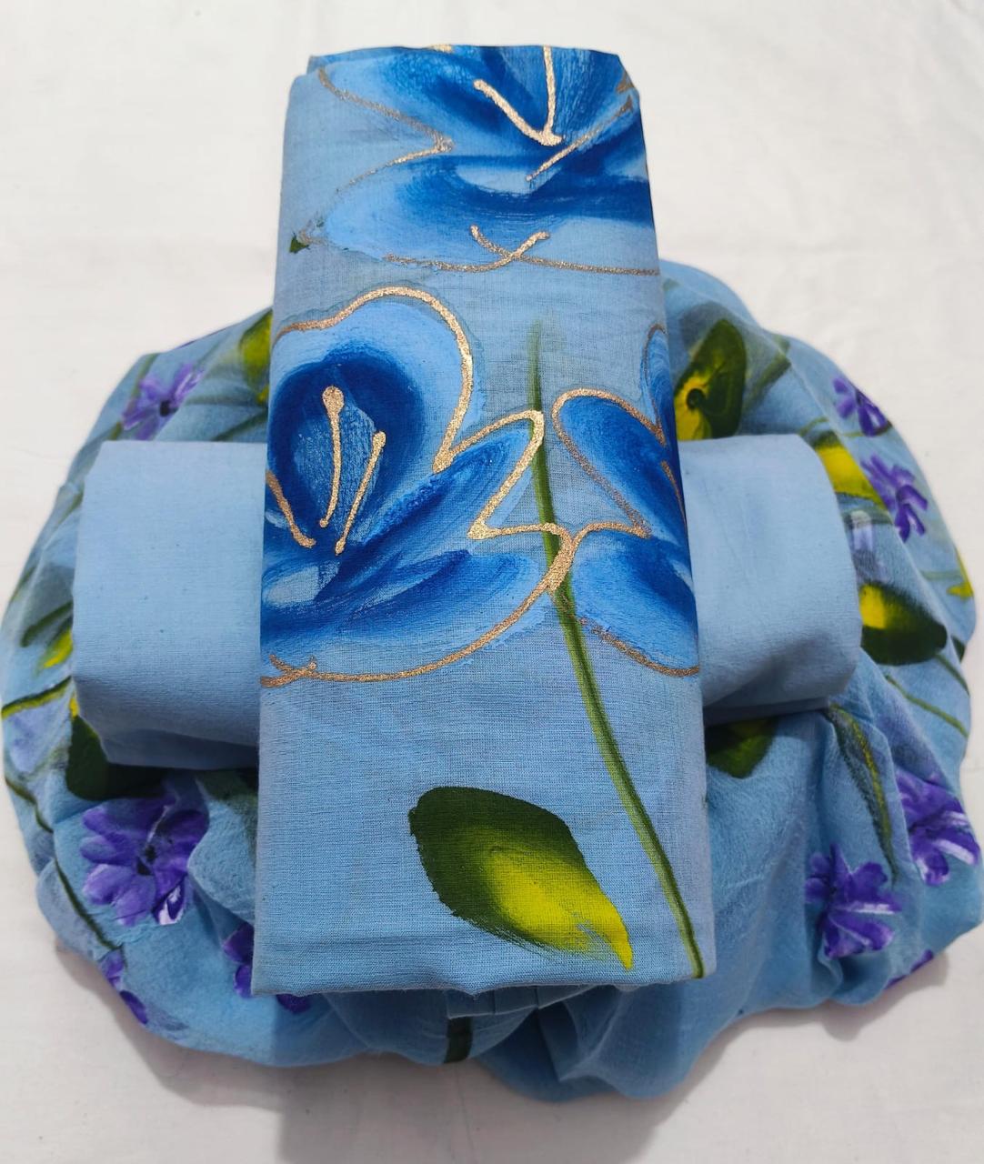Pure cotton hand-block print suit with Chiffon dupatta