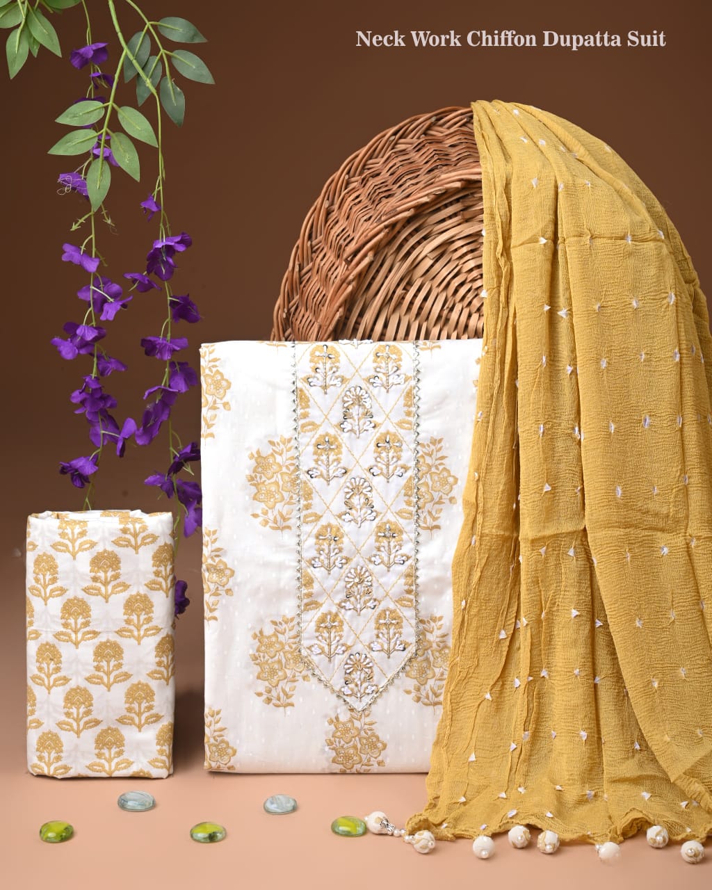 Designer gota patti hand work cotton  unstitched suit with chiffon   dupatta