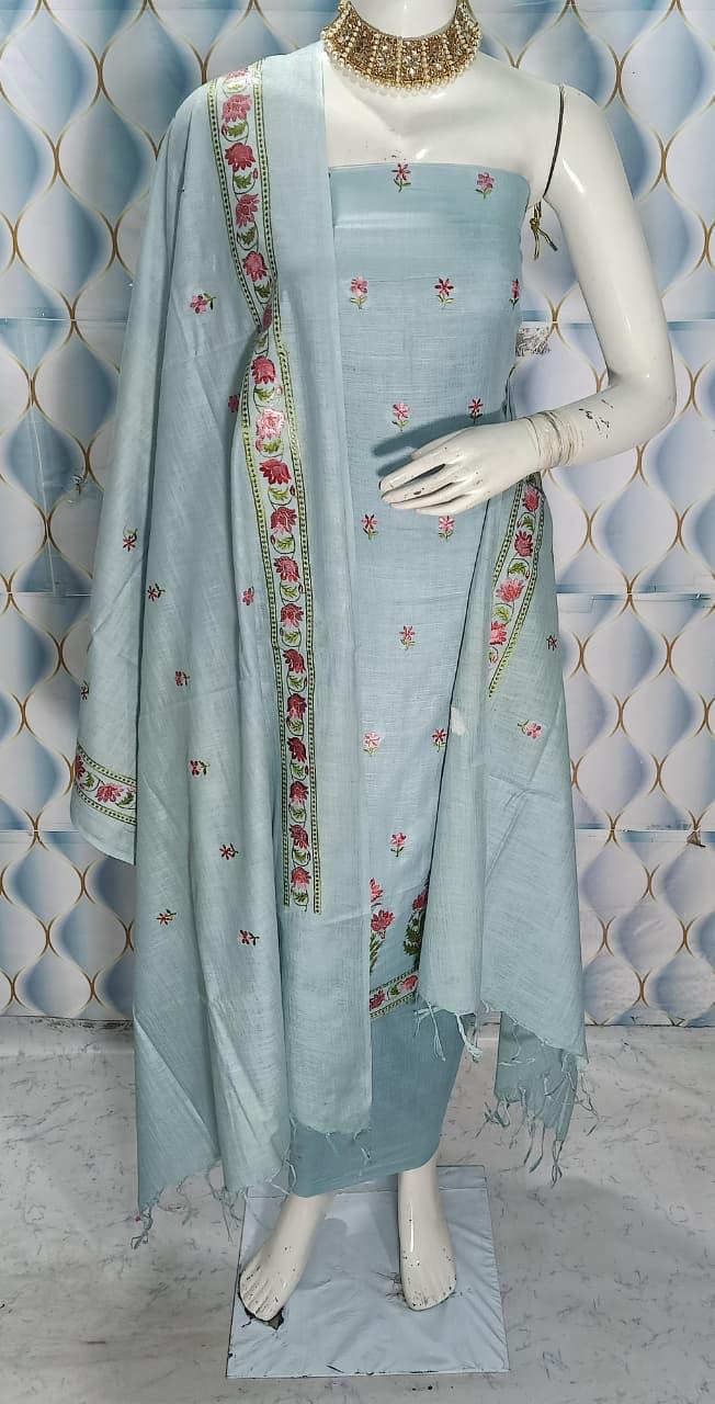 Cotton slub Embroidery Work Unstitched Suit