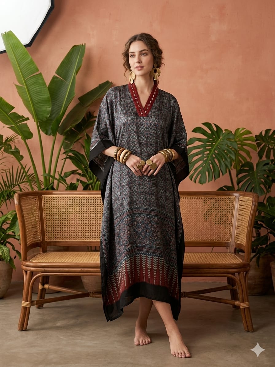Pure Modal Silk Handblock Printed Kaftans Stitched suit With Hand Mirror Work