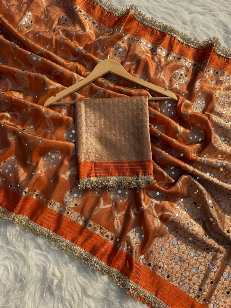 Elegant Tissue Mirror Work Saree with Designer Lace Border