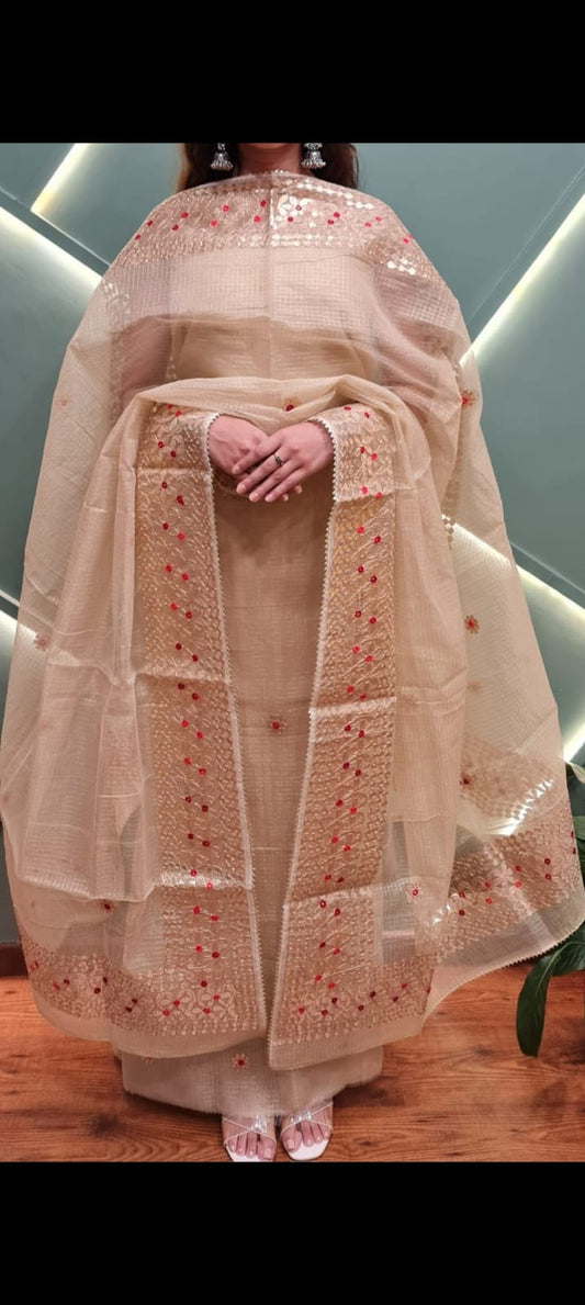 Kota-Doria Unstitched Suit with Embroidey Work