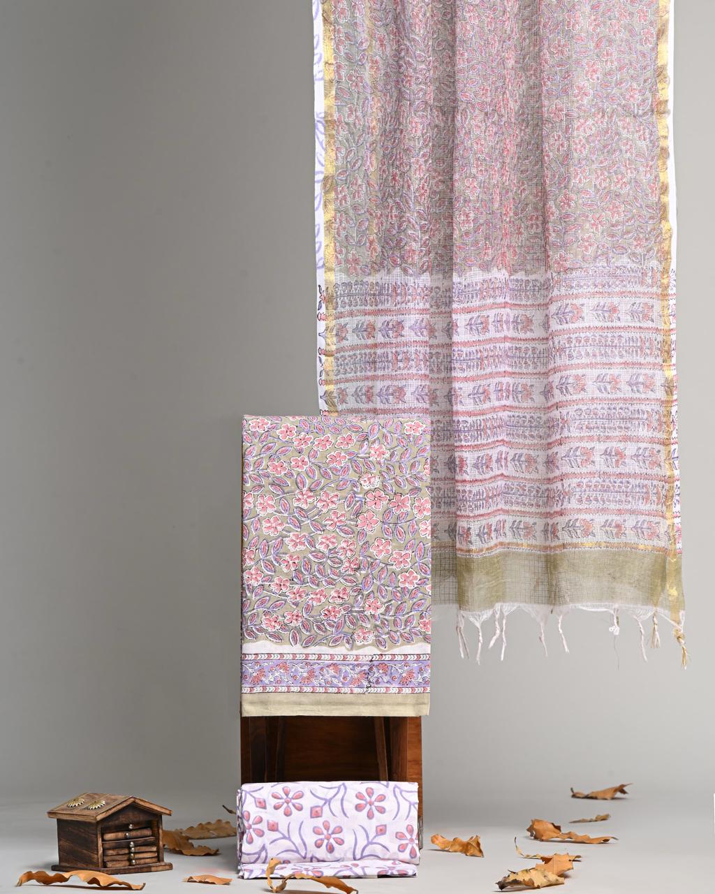 Pure Cotton Hand Block Print Suit With Kota Doriya Dupatta